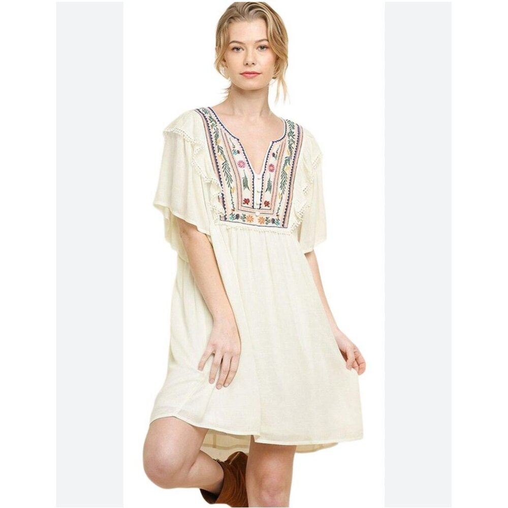 Umgee Size Small Ivory Gauzy Brushed Cotton Embroidered Floral Dress